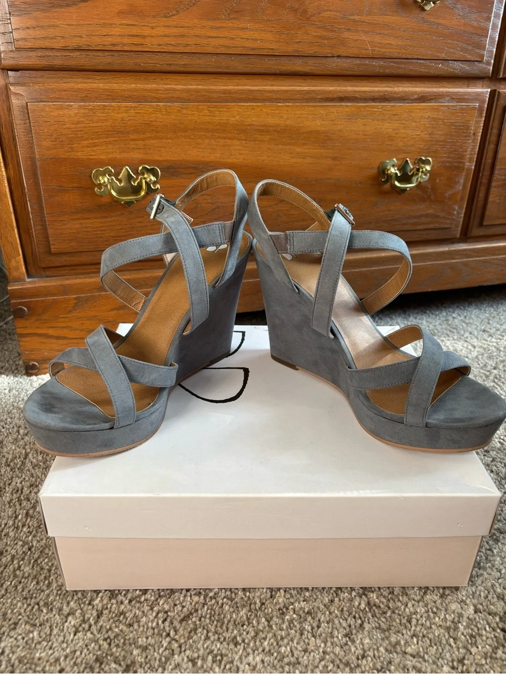 Strappy Gray Suede Wedge Sandals - Women's